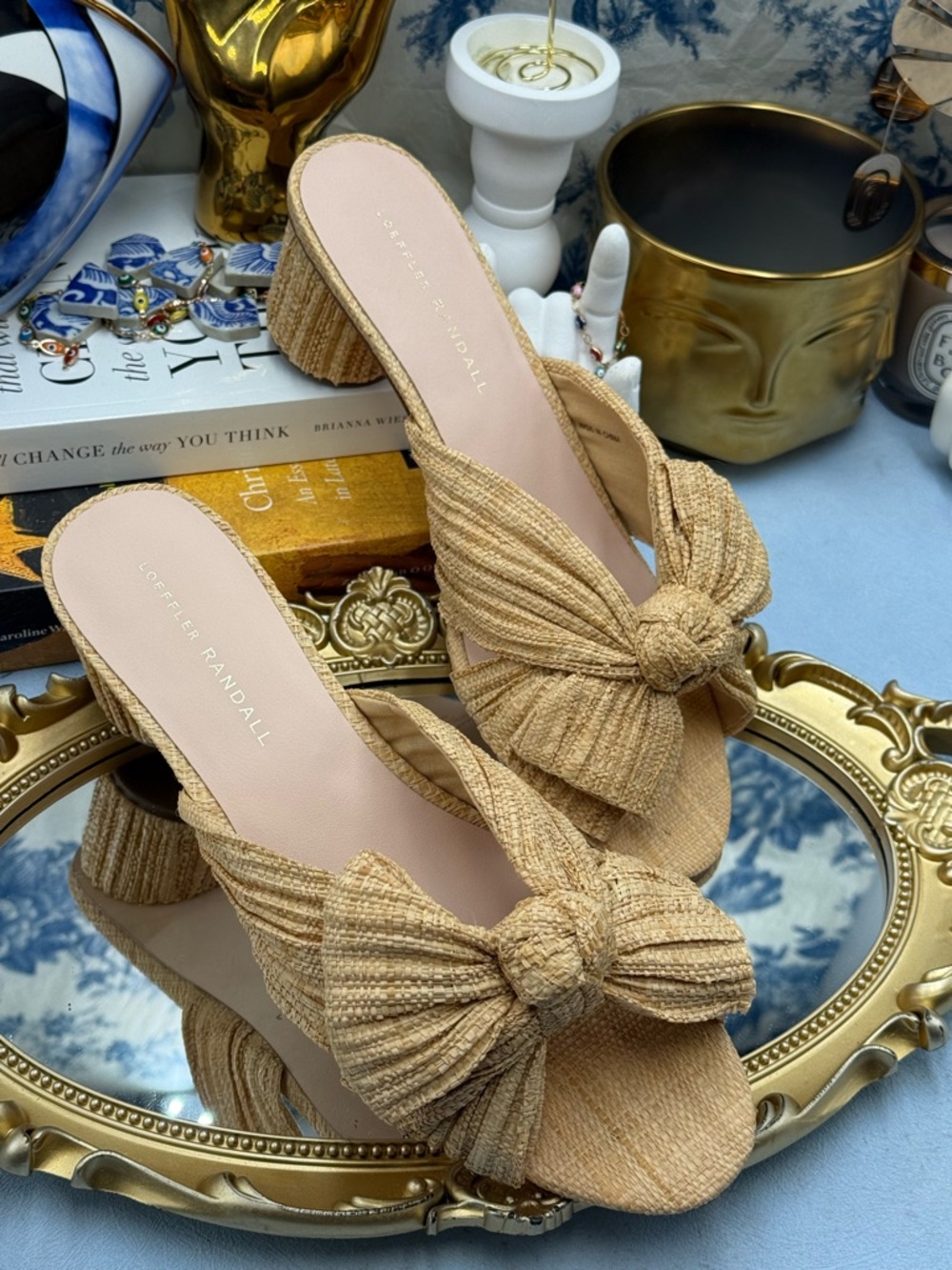 Loeffler Randall Tan Bow Knot Raffia Block Heel Mules - Picture 6 of 16